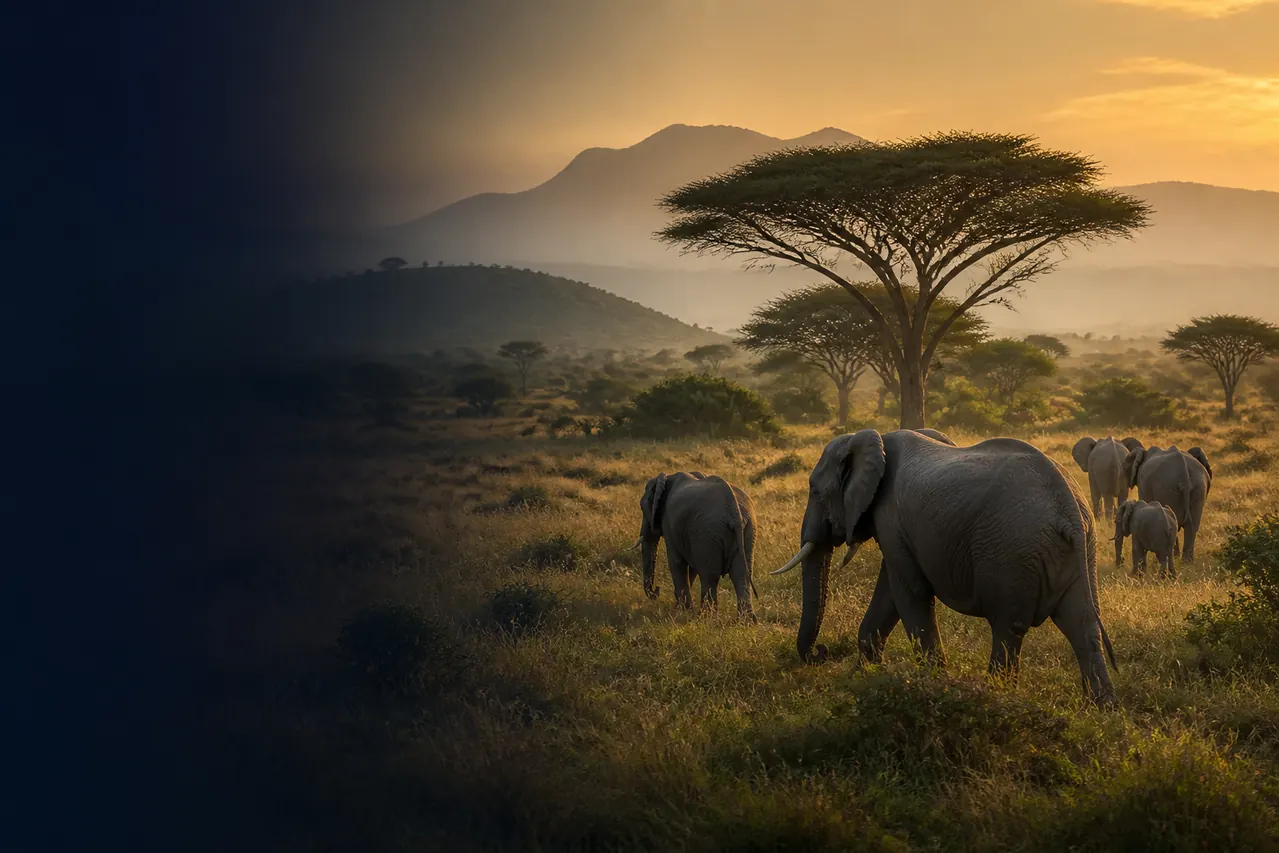 Elephants crossing the Kenyan savannah